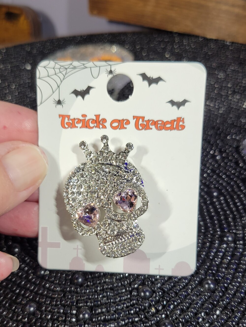Trick or Treat Silver Crystal pave Skull Brooch with Pink Eyes